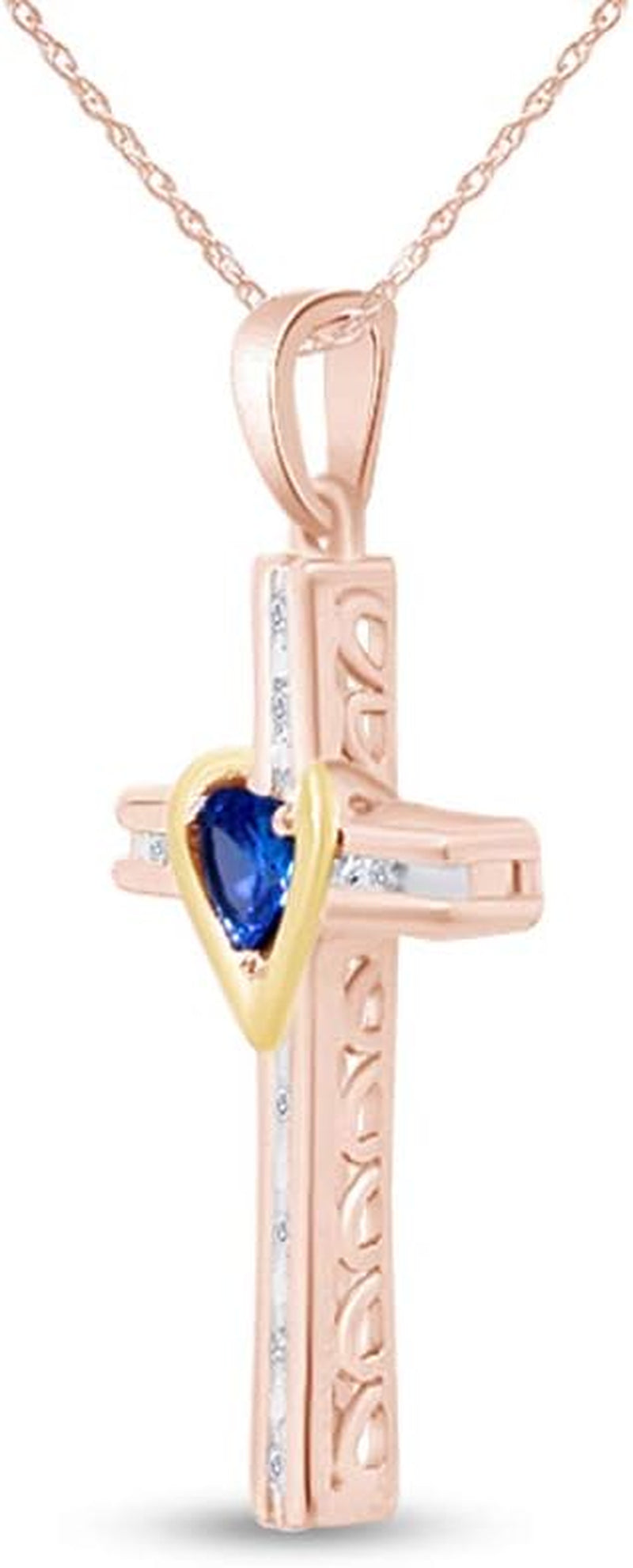 Simulated Blue Sapphire & Natural Diamond Cross Pendant Necklace Intwo-Tone Gold over Sterling Silver - WORLD TIME VISITS