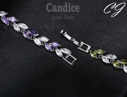CANDICE 100% Real Silver Female Jewelry Simple Leaf Shape Multicolor Cubic Zirconia Strand Bracelet For Lady
