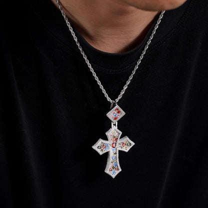 Iced Out Colorful Rhomboic Cross Pendant Necklace, Trendy White Gold Hip Hop Cubic Zirconia Oval Diamond Cross Pendant Faith Jesus Necklace Gift - WORLD TIME VISITS