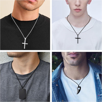 8 Pcs Necklace for Men, Mens Necklaces Jewelry Set, Black and Silver Stainless Steel Necklace, Cross Pendant Necklace, 16-24 Inches Chain