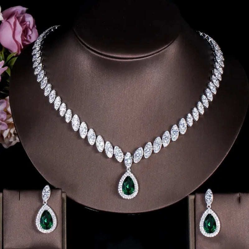 Gloriya Gorgeous Platinum Plated Party Jewelry Paved Indian Red Cubic Zirconia Crystal Big Tear Drop Necklace Earrings Set for Female Evening