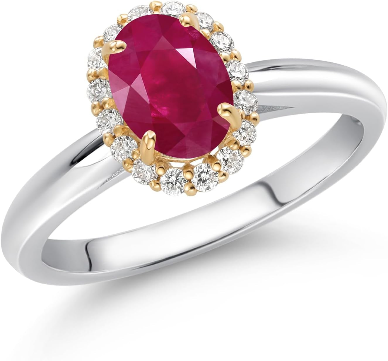 Halo Engagement Ring for Women in 10K White and Yellow Gold with 7X5MM Oval Gemstone Birthstone and White Lab Grown Diamond | Available in Size 5, 6, 7, 8, 9