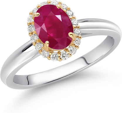 Halo Engagement Ring for Women in 10K White and Yellow Gold with 7X5MM Oval Gemstone Birthstone and White Lab Grown Diamond | Available in Size 5, 6, 7, 8, 9