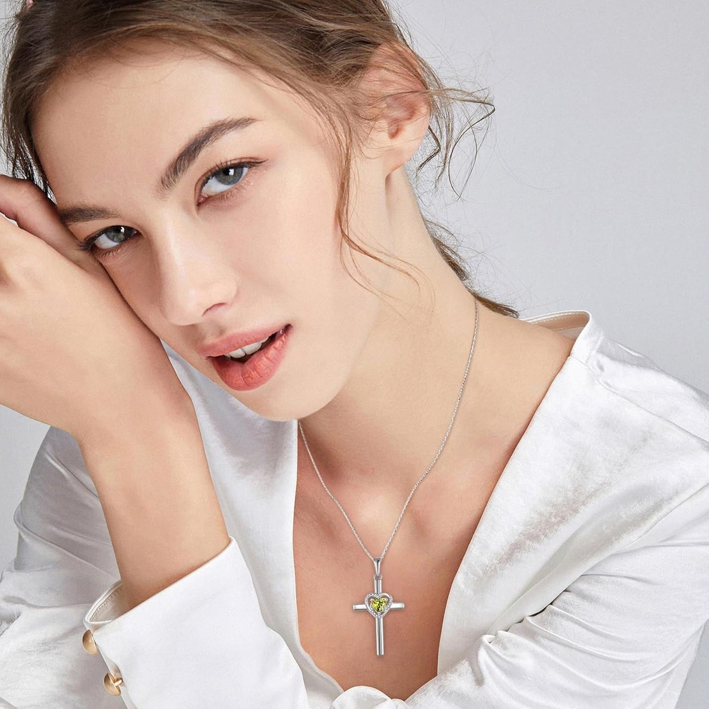Cross Necklace for Women 925 Sterling Silver Heart Cross Necklace Birthstone Created Gemstone Pendant Jewelry Gifts for Women