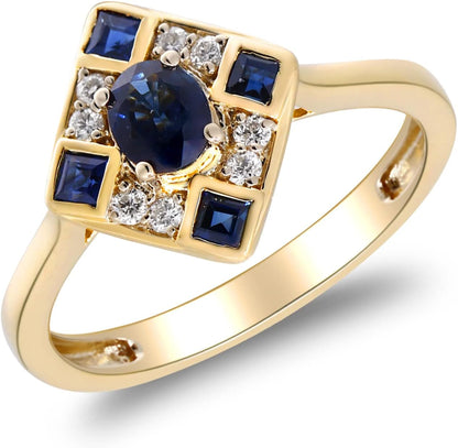 10K Yellow Gold Genuine Blue Sapphire Ring with Diamonds for Women | Ethically, Authentically & Organically Sourced (Oval-Cut) Shaped Sapphire Hand-Crafted Jewelry for Her | Sapphire Ring for Women
