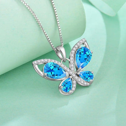 Butterfly Necklace for Women 925 Sterling Silver Birthstone Pendant Created Gemstone Jewelry Gifts for Her