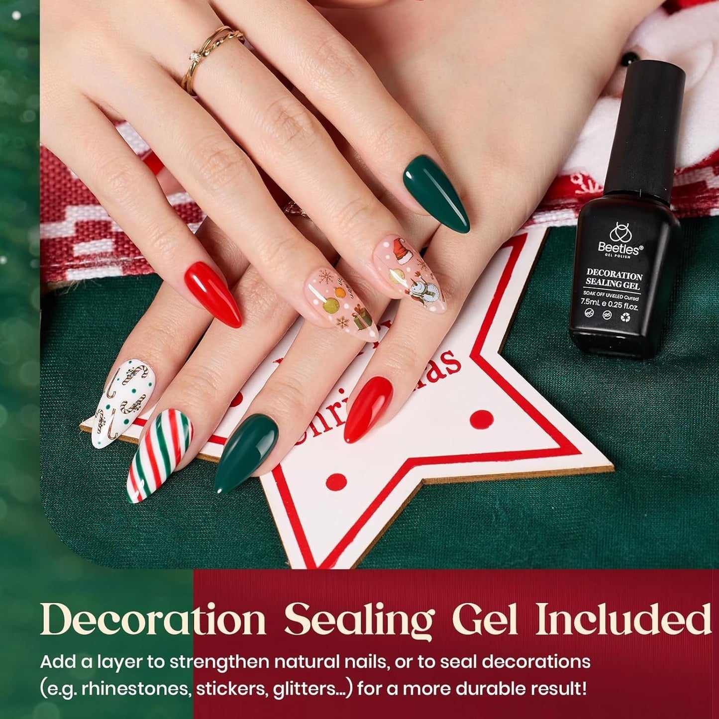 Beetles Gel Nail Polish Set, Sparkle Red Green Gel Polish Kit Soak off UV LED Gel Nail Kit Manicure Gift with Nail Strengthener Gel and Stickers Nail Art Beetles Gift Spree
