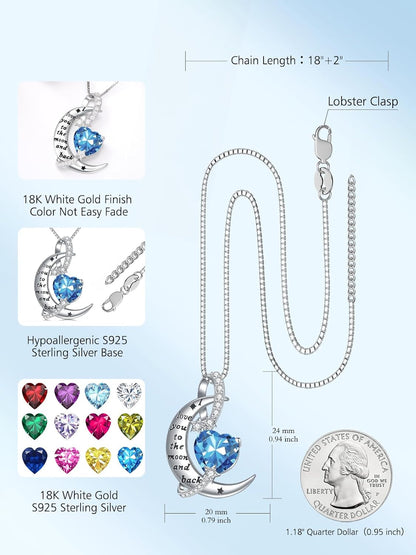 I Love You to the Moon and Back Necklace Sterling Silver Heart Birthstone Necklace Birthday Jewelry Gifts for Women