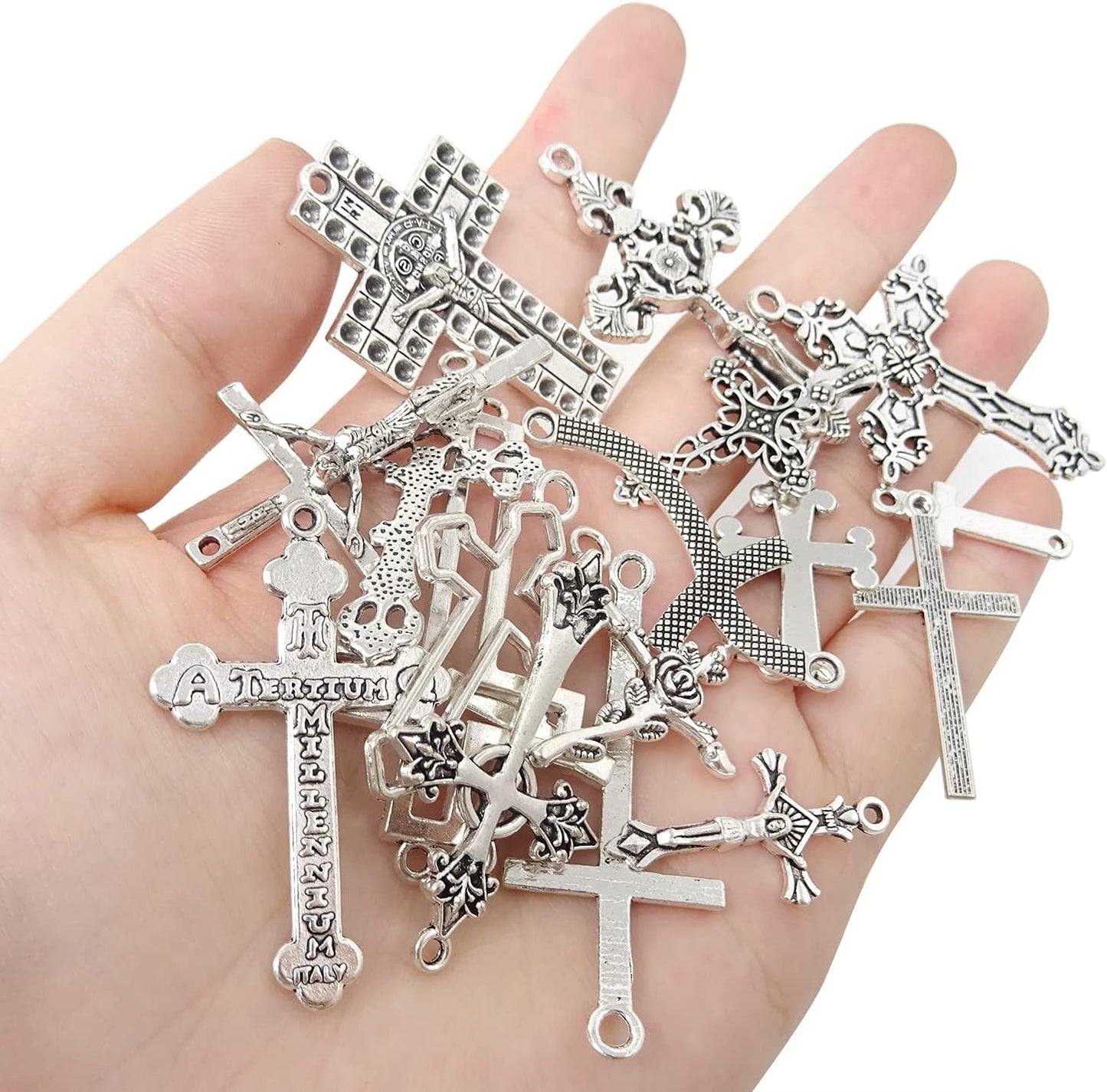 70PCS Metal Mixed Cross Charms Pendant Antique Silver Plated Jesus Christ Cross Jewelry Findings for DIY Necklace Earring Bracelet Keychain Craft Making (70 Styles)