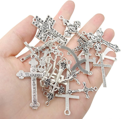 70PCS Metal Mixed Cross Charms Pendant Antique Silver Plated Jesus Christ Cross Jewelry Findings for DIY Necklace Earring Bracelet Keychain Craft Making (70 Styles)