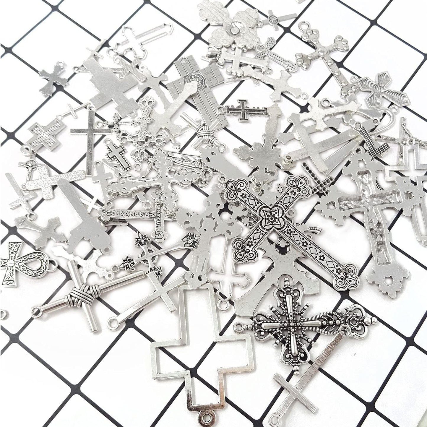 70PCS Metal Mixed Cross Charms Pendant Antique Silver Plated Jesus Christ Cross Jewelry Findings for DIY Necklace Earring Bracelet Keychain Craft Making (70 Styles)
