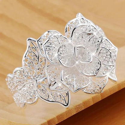 Exquisite 925 Sterling Silver Hollow Filigree Blooming Rose Flower Open Bangle Bracelet Charm Jewelry Gift