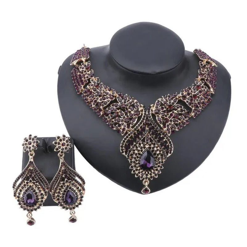 Luxury Women'S Elegant Austrian Crystal Statement Necklace Earrings Bridal Party Jewelry Set for Wedding Dress