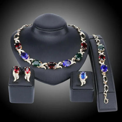 Women Gold Plated Crystal Zircon Ruby Pendant Wedding Party Necklace Bracelet Ring Earring Jewelry Sets