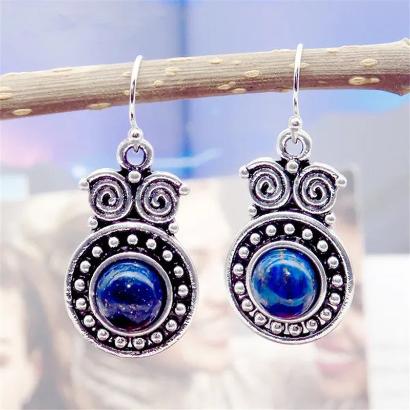 Retro Tibetan Silver Natural Ruby Sapphire Inlay Owl Ear Hook Dangle Earrings Gift for Women