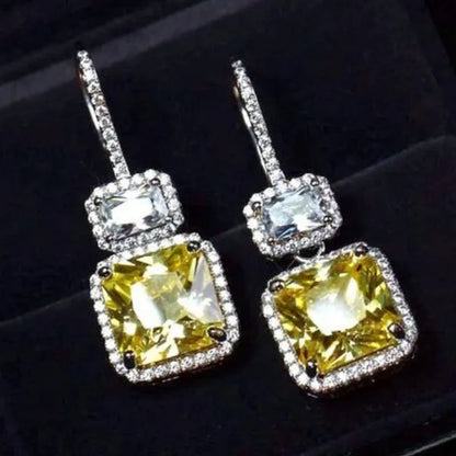 Fashion Women Square Citrine Vice Stone Diamond Earring Silver Plated White Sapphire Drop Earring Girl Wedding Anniversary Gift