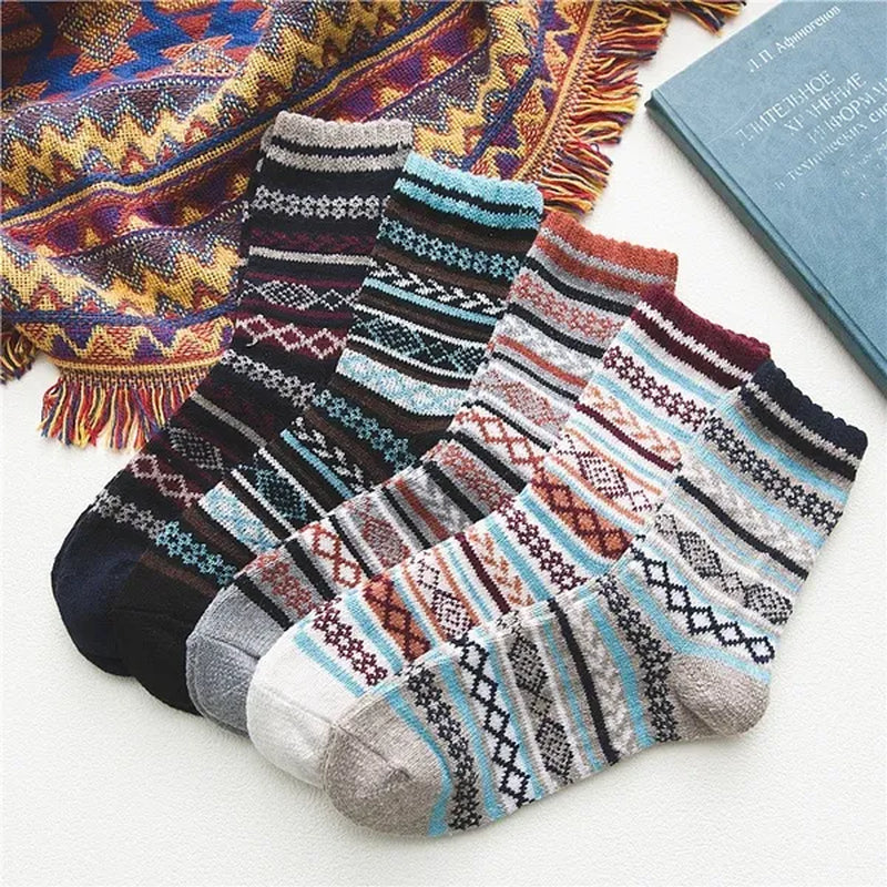 5Pairs Winter Knitting Cashmere Warm Cotton Soft Thicken Women Men Socks  Assorted Patterns Wool Sock For Men and Women