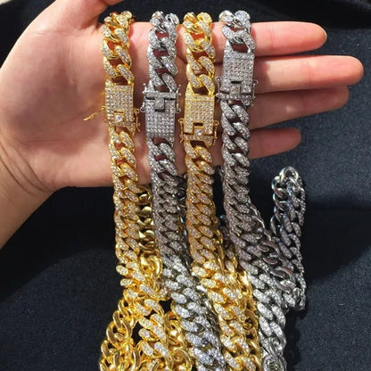 1pc Iced Out Bling Rhinestone Crystal Gold Finish Miami Cuban Link Chain Diamond Gold/925 Silver Men's Hip Hop Necklace or Bracelet Jewelry 8/20/24/28 Inch