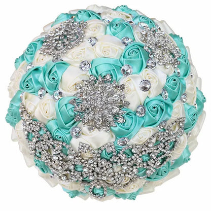 21CM Creative Handmade Diamond Flower Brooch Bouquet Ribbon Silk Rose Wedding Flower Bridal Bouquet Bridesmaid Holding Flowers