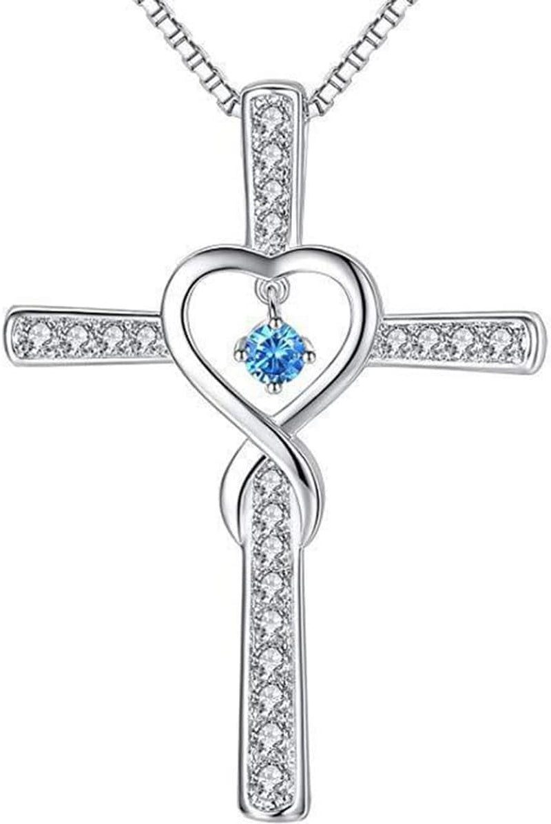 White Gold Plated Christian Cross Birthstone Infinity Charm Wedding Statement Pendant Necklace