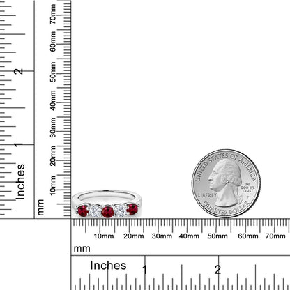 925 Sterling Silver Red Created Ruby and White Moissanite 5-Stone Wedding Anniversary Band Ring for Women (1.07 Cttw, Gemstone July Birthstone, Available in Size 5, 6, 7, 8, 9)
