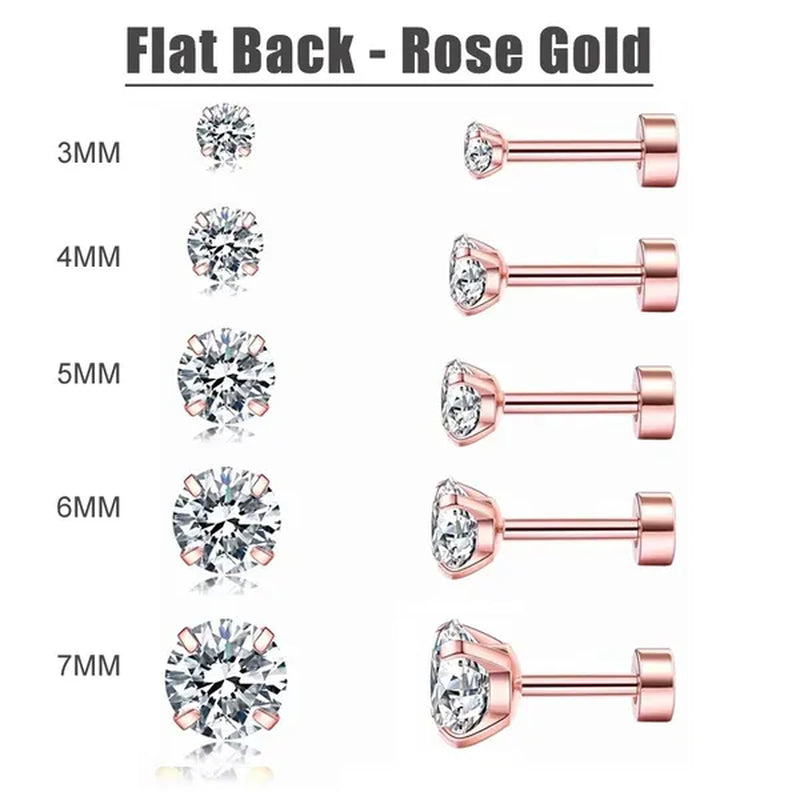 5 Pairs/Set Stainless Steel Mens Womens Stud Earrings Set round Cubic Zirconia Flat Back Earrings Piercing Ear Cartilage Hypoallergenic Men'S Earrings 3-7Mm
