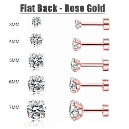 5 Pairs/Set Stainless Steel Mens Womens Stud Earrings Set round Cubic Zirconia Flat Back Earrings Piercing Ear Cartilage Hypoallergenic Men'S Earrings 3-7Mm