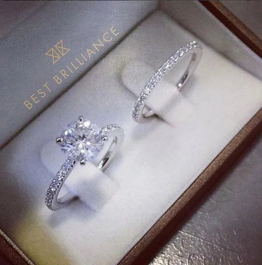2pcs/Set Exquisite Woman Fashion Accessories Classic White Crystal Zircon Wedding Rings Set Elegant Female Bride Jewelry Proposal Promise Anniversary Gift Romantic Princess Luxury Engagement Ring Size 4-12 Bague Femme