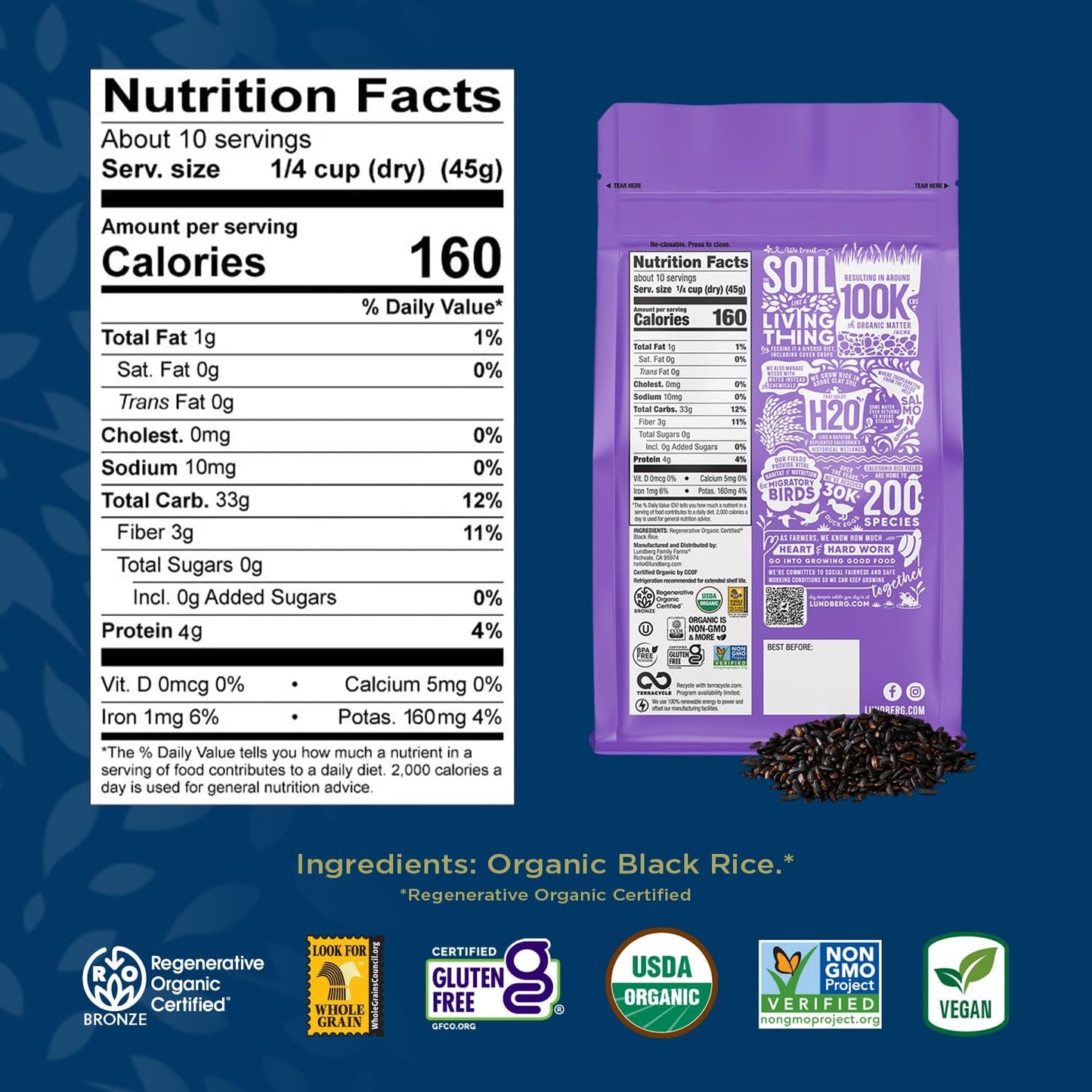 Black Pearl Rice, Regenerative Organic Certified – Full-Bodied Black Rice, Responsibly Grown in California, 16 Oz
