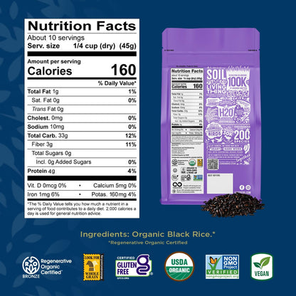 Black Pearl Rice, Regenerative Organic Certified – Full-Bodied Black Rice, Responsibly Grown in California, 16 Oz