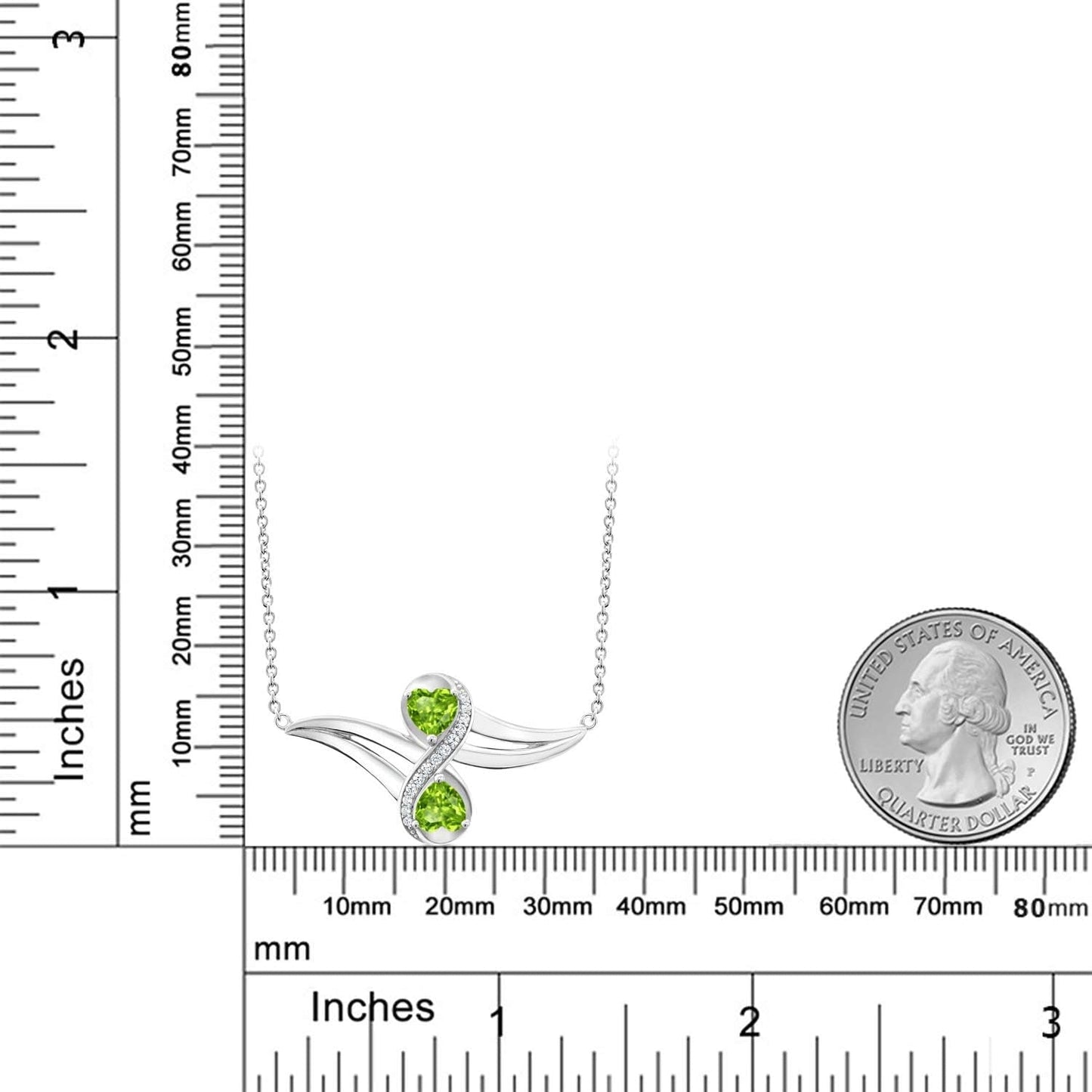 925 Sterling Silver Green Peridot and White Created Sapphire 2 Heart Infinity Pendant Necklace for Women (1.13 Cttw, Gemstone Birthstone, with 18 Inch Silver Chain)
