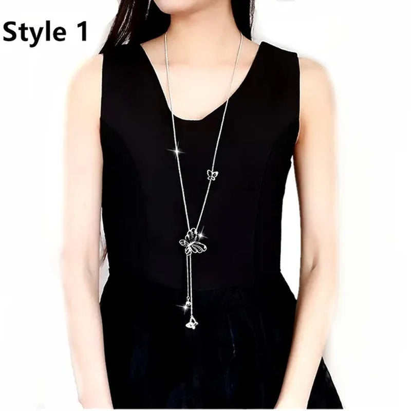 Butterfly Pendant Necklace Sweater Chain Long Tassel Necklace Adjustable Women'S Fashion Jewelry Accessories
