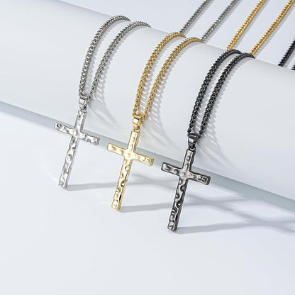Cross Necklace for Men Boys - Hammered Cross Pendant with Cuban Chain Unique Crucifix Necklaces Christmas Christian Religious Jewelry Gifts 22+2 Inches