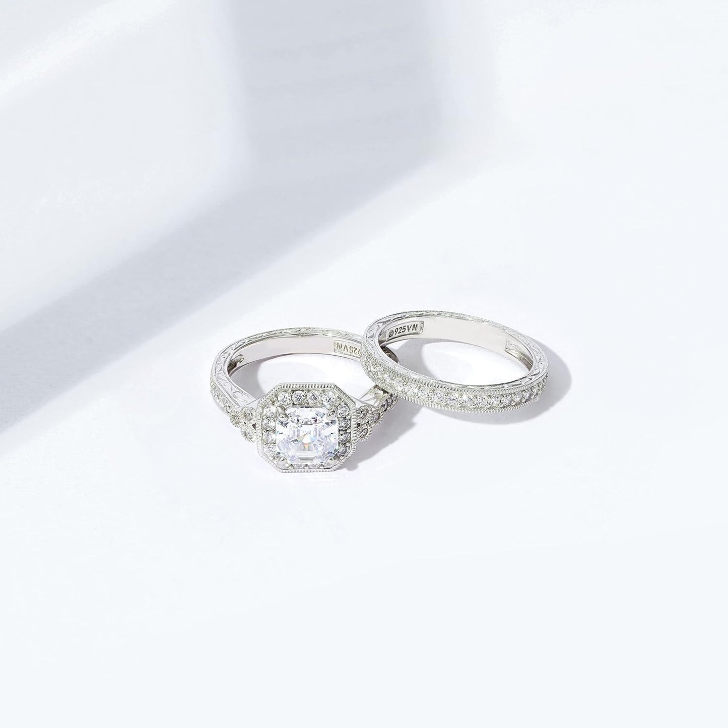 Platinum or Gold Plated Sterling Silver Antique Ring Set with Asscher-Cut Infinite Elements Cubic Zirconia (Previously Amazon Collection)