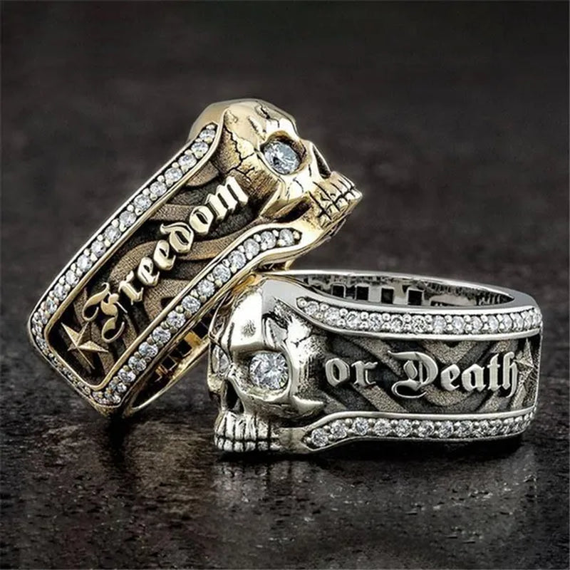 Vintage Stainless Steel Micro Inlaid Cubic Zirconia Gothic "Freedom or Death" Skeleton Skull Cocktail Rider Statement Halloween Christmas Ring Gift