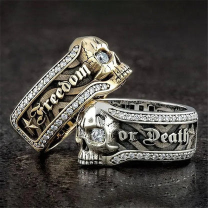 Vintage Stainless Steel Micro Inlaid Cubic Zirconia Gothic "Freedom or Death" Skeleton Skull Cocktail Rider Statement Halloween Christmas Ring Gift
