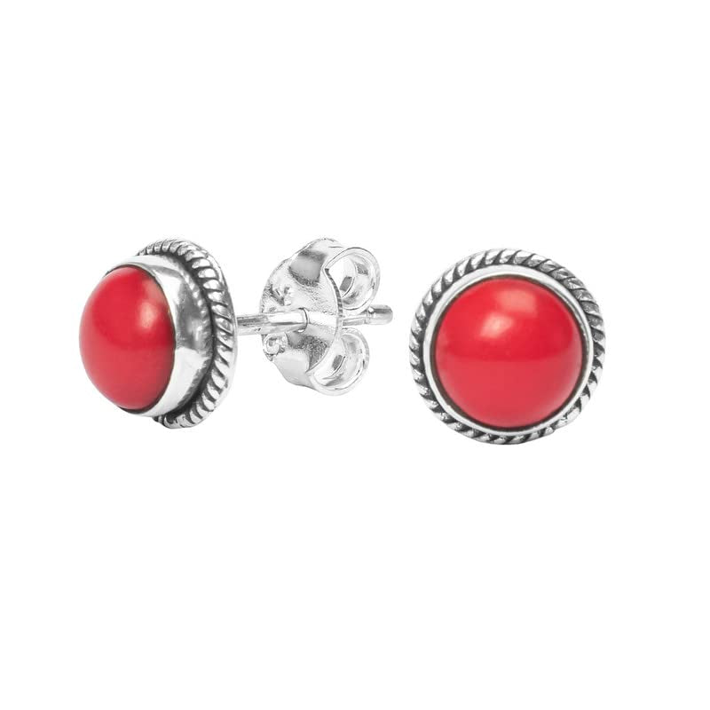 Coral Stone Stud Post Earrings, 925 Sterling Silver Gemstone Earring 6 MM round Girls Women Gift