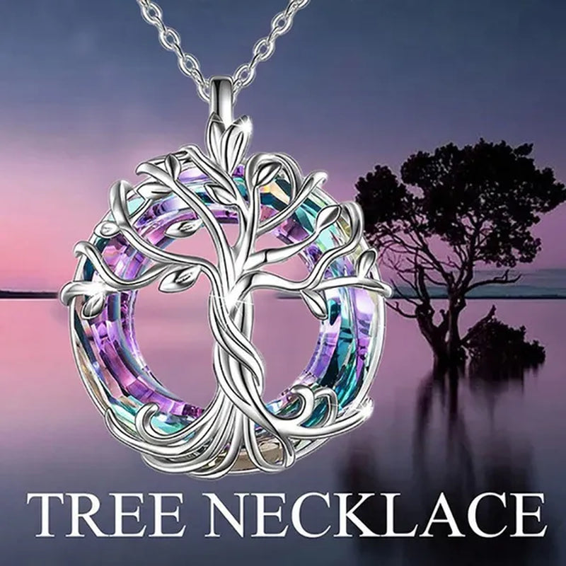 European and American Fashion Women Celtic Life Tree Crystal Pendant Necklace 925 Sterling Silver Star round Sapphire Necklace Anniversary Party Birthday Gifts for Daughte