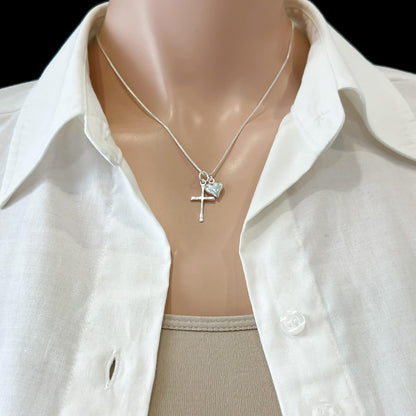 Delicate and Dainty Sterling Silver Cross Necklace with Puffed Heart Charm for Women, 18 Inches
