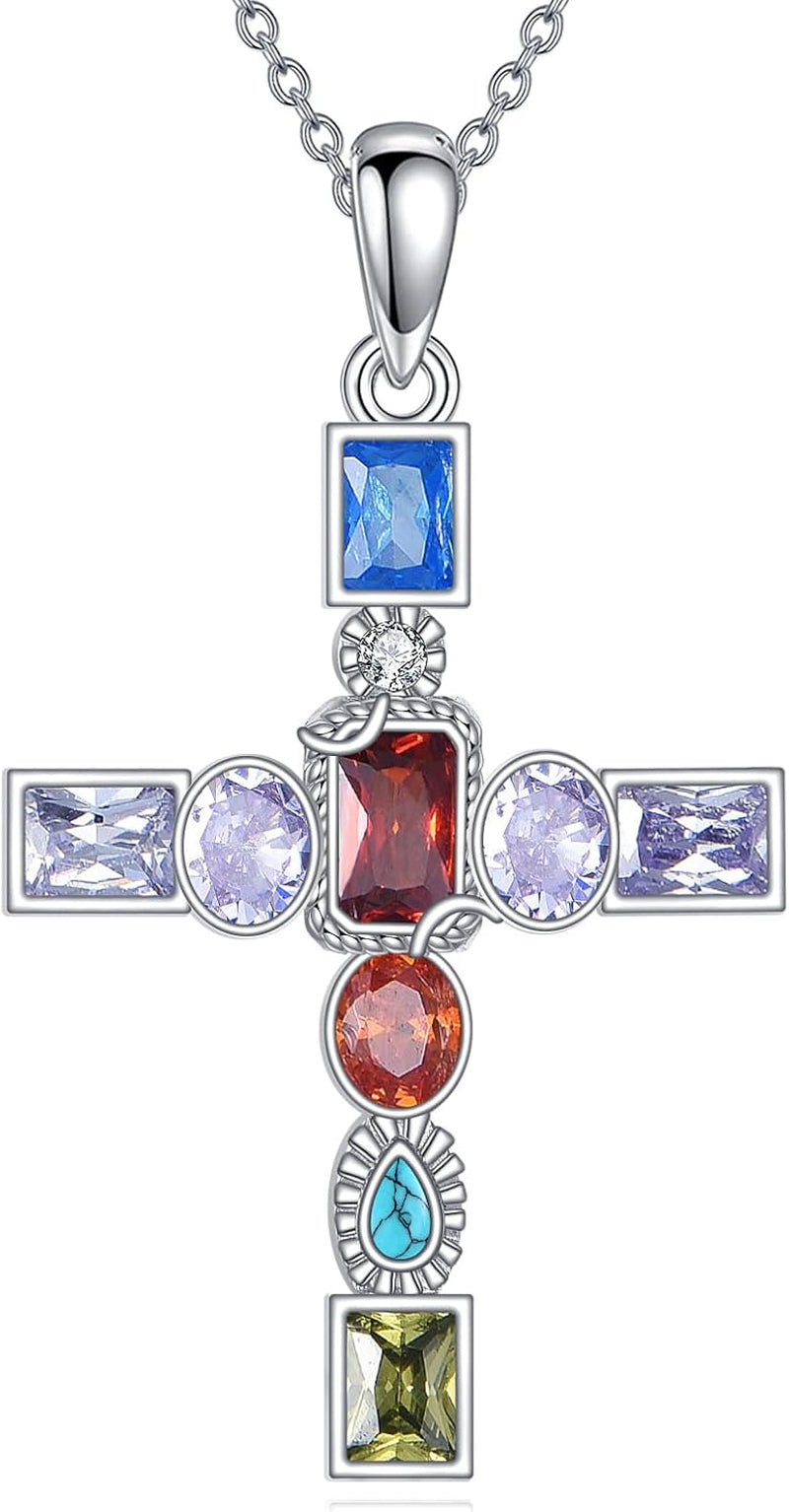 Colorful Cross Necklace for Women 925 Sterling Silver Crucifix Pendant Christian Jewelry Gifts for Women Men