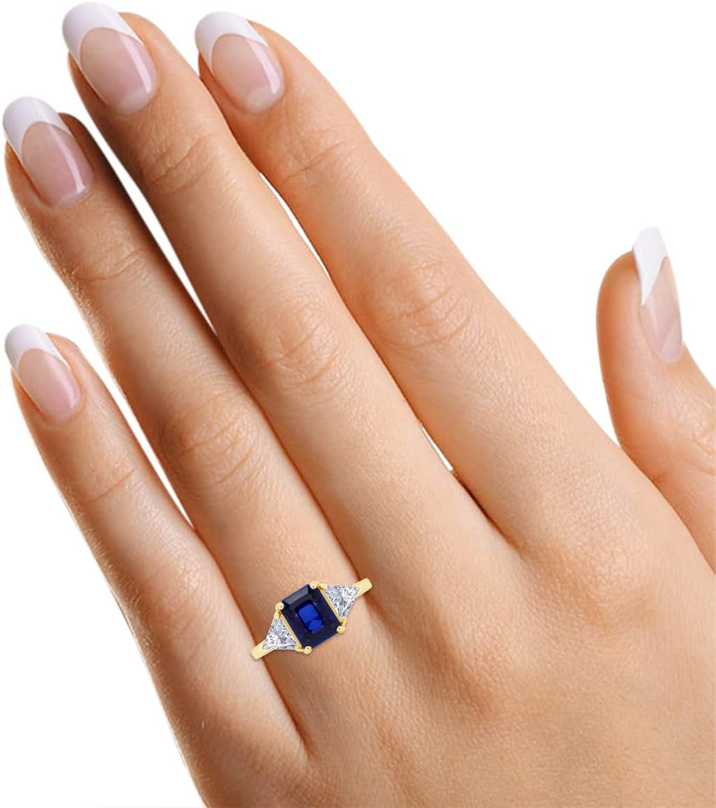 14K Gold Plated 925 Sterling Silver Emerald Cut Blue Sapphire with Trillion White Topaz Ring for Women Statement Jewelry, Mother'S Day Gift for Her