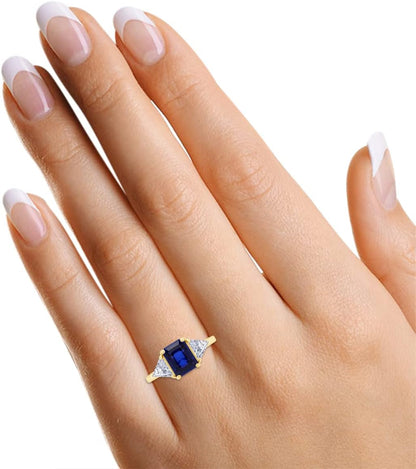 14K Gold Plated 925 Sterling Silver Emerald Cut Blue Sapphire with Trillion White Topaz Ring for Women Statement Jewelry, Mother'S Day Gift for Her