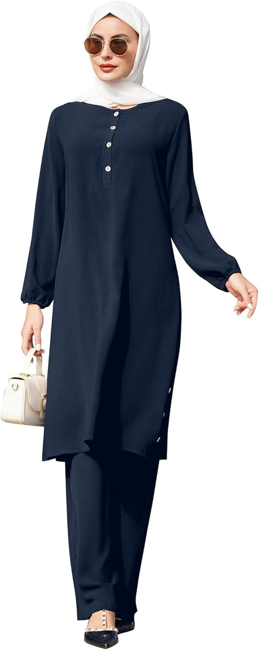 Muslim Clothes for Women Islamic Sets Top+Pants Outfits Abaya Modest Casual Dubai Robe Trousers