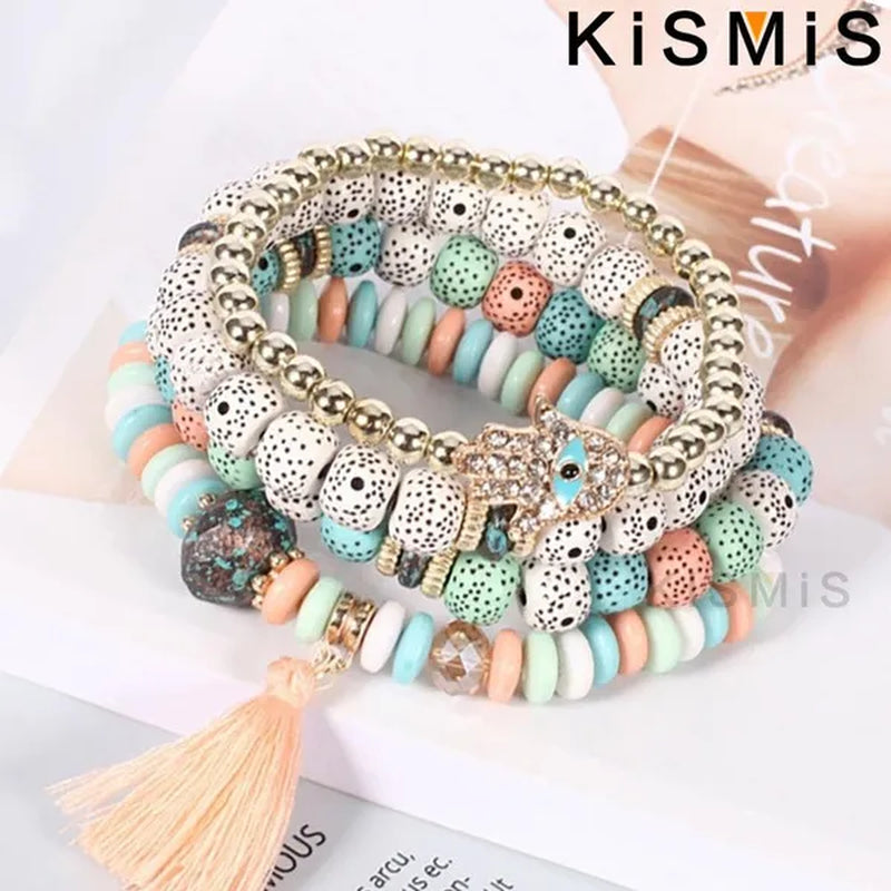 KISMIS 4Pcs/Set Bohemian Mix Bead Multi Layer Versatile Statement Bracelet Stackable Beaded Strand Stretch Bangles Sparkly Crystals Tassel Charms 1Set or 2Sets Optional