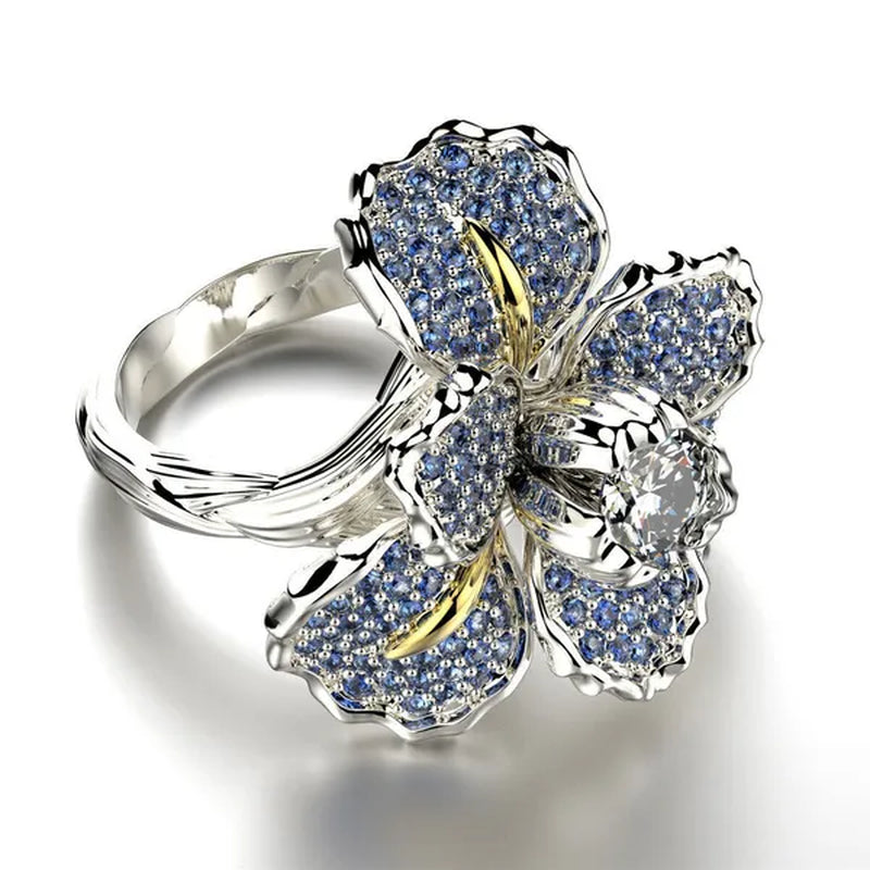 Silver Ring Iris Flower Two Tone Ring Blue Sapphire Flower Engagement Cocktail Ring Statement Crown Ring Natural Gemstones Ring Wedding Bride Engagement Band Charm Party Ring Jewelry - WORLD TIME VISITS