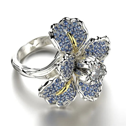 Silver Ring Iris Flower Two Tone Ring Blue Sapphire Flower Engagement Cocktail Ring Statement Crown Ring Natural Gemstones Ring Wedding Bride Engagement Band Charm Party Ring Jewelry - WORLD TIME VISITS