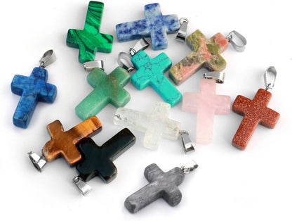 12PCS Natural Stone Cross Pendant, Healing Crystal Quartz Chakra Reiki Gemstone Pendants Charms Bulk for DIY Necklace Jewelry Making - WORLD TIME VISITS