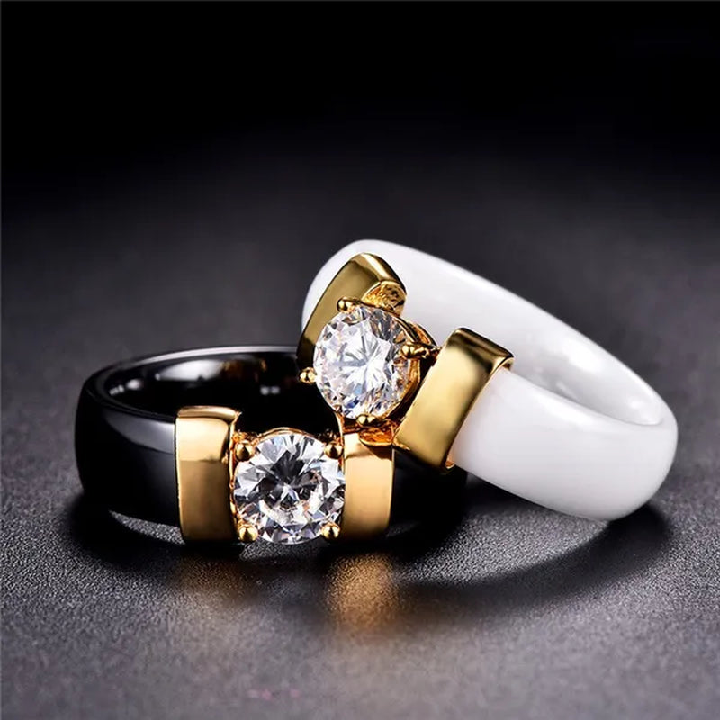 Fashion Male And Female Anti Allergy Black White Ceramic Ring Silver Gold Color  Diamond Solitare Ring Wedding Rings For Couple