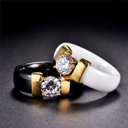 Fashion Male And Female Anti Allergy Black White Ceramic Ring Silver Gold Color  Diamond Solitare Ring Wedding Rings For Couple