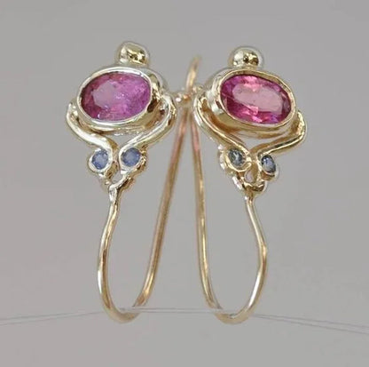 Glittering Women Waterdrop Cut Red Ruby Floral Dangle Earrings 18 K Yellow Gold Filled Antique Wedding Stud Drop Earring Wedding Jewelry